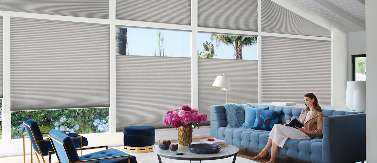 best window treatment for living room - hunter douglas honeycomb shade