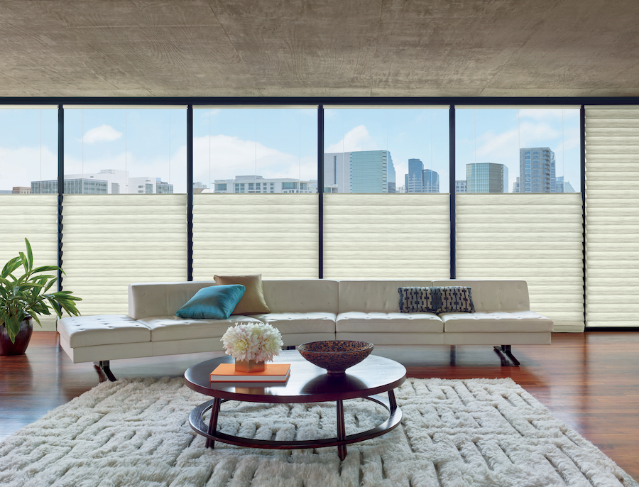 best window treatment for living room - hunter douglas vignette shades