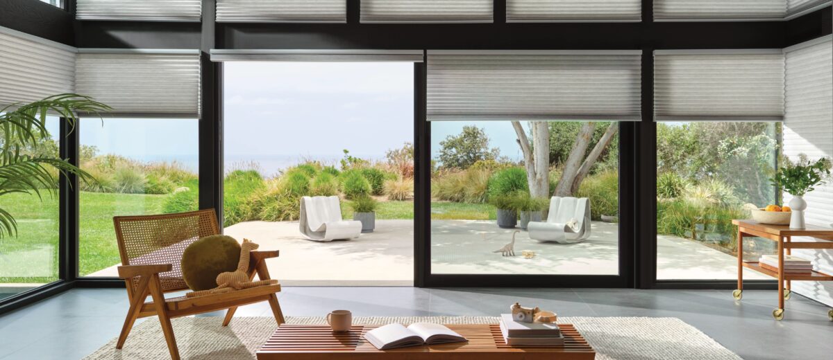 outdoor solar shades and these Hunter Douglas Duettes help with energy efficiency