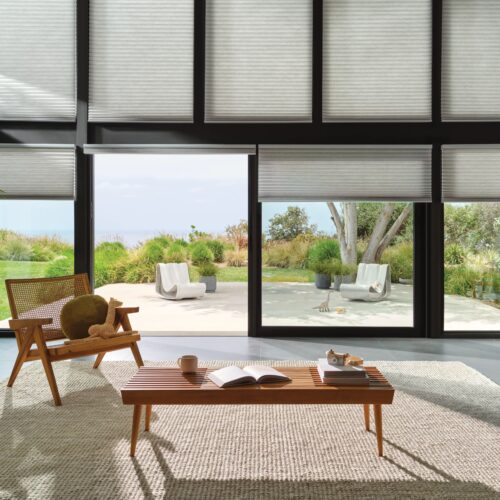 outdoor solar shades and these Hunter Douglas Duettes help with energy efficiency